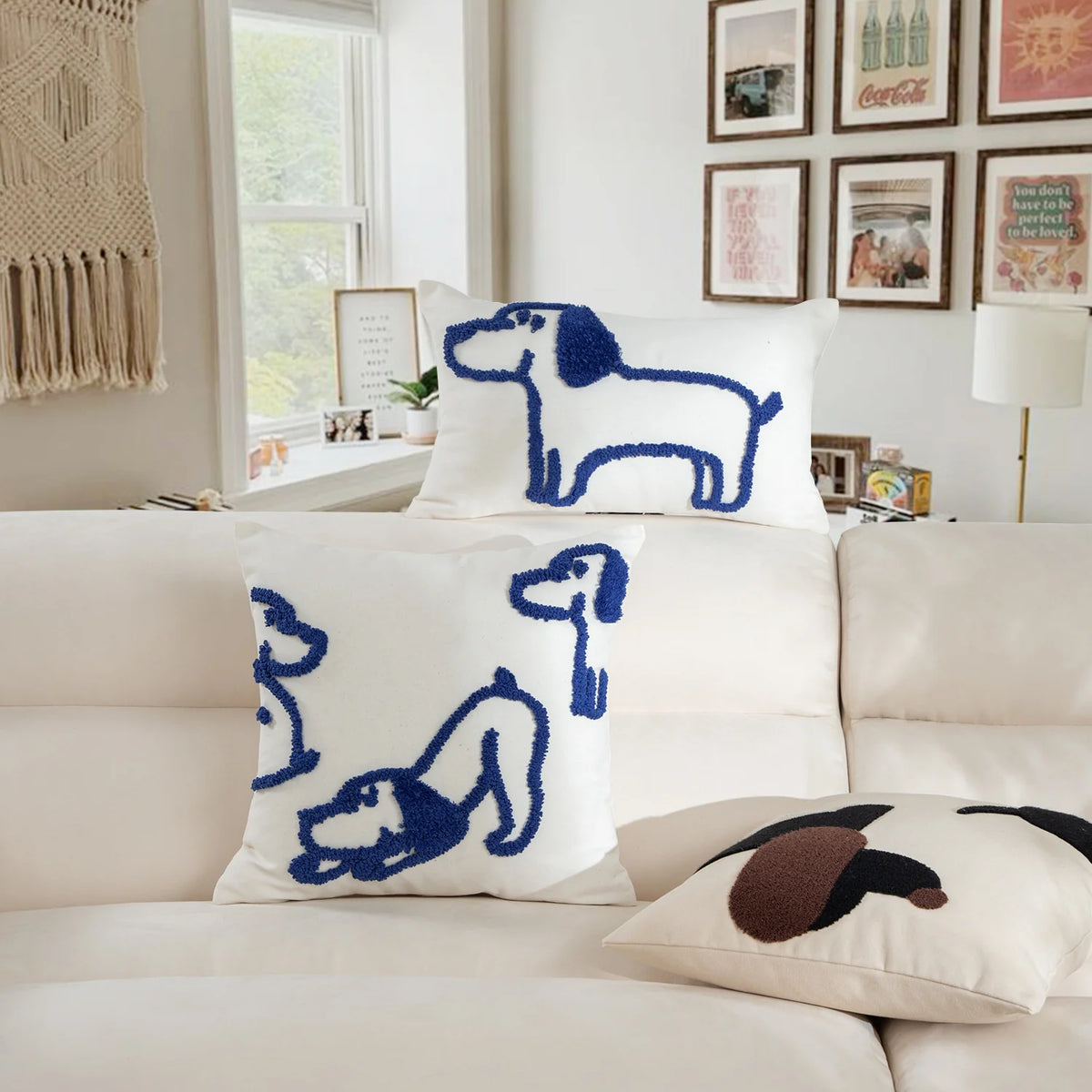 Lumbar Pillow Hand-Tufted Dog Motif Removable Cotton Blend Cover