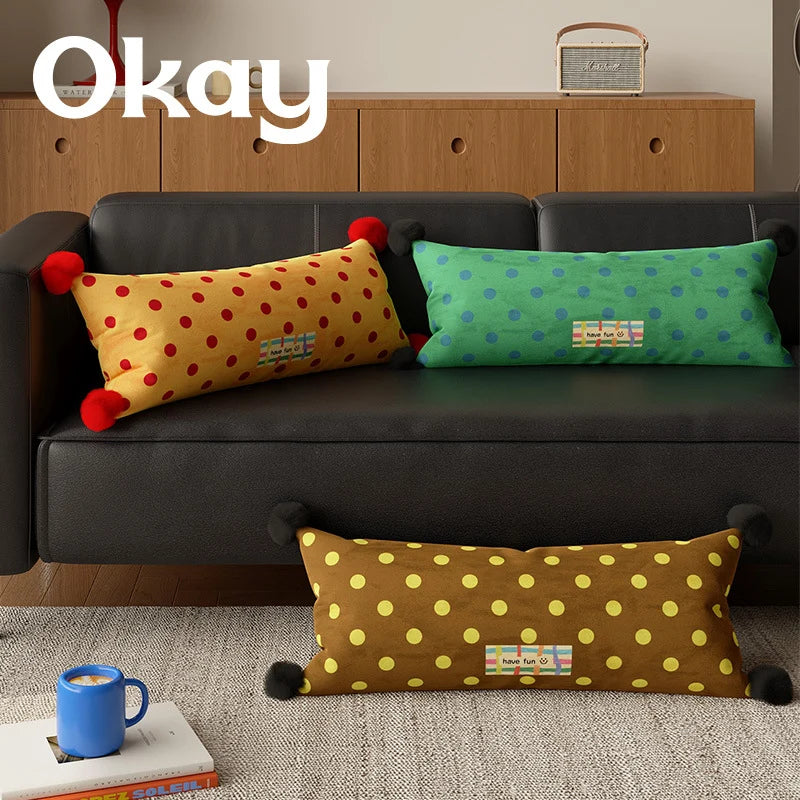 Lumbar Pillow Polka Dot Corner Pom-Poms Removable Woven Cover
