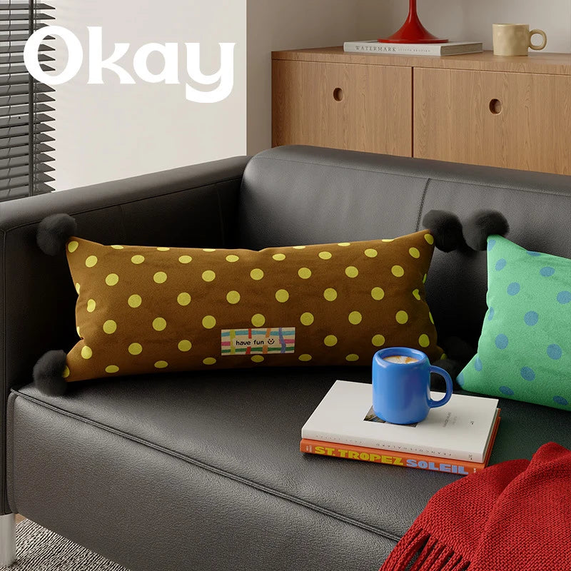 Lumbar Pillow Polka Dot Corner Pom-Poms Removable Woven Cover