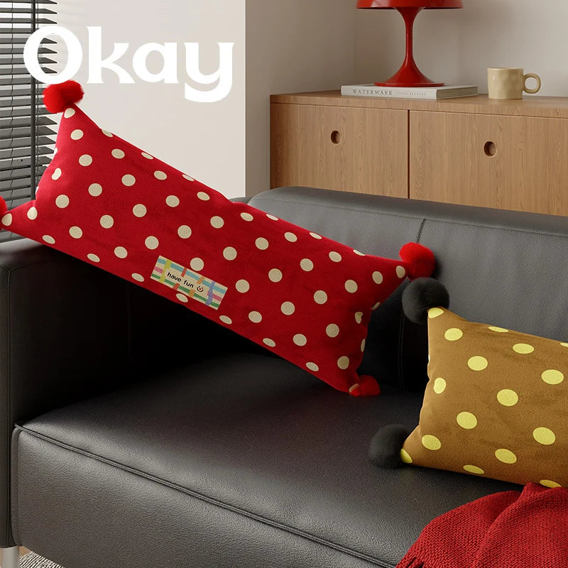Lumbar Pillow Polka Dot Corner Pom-Poms Removable Woven Cover