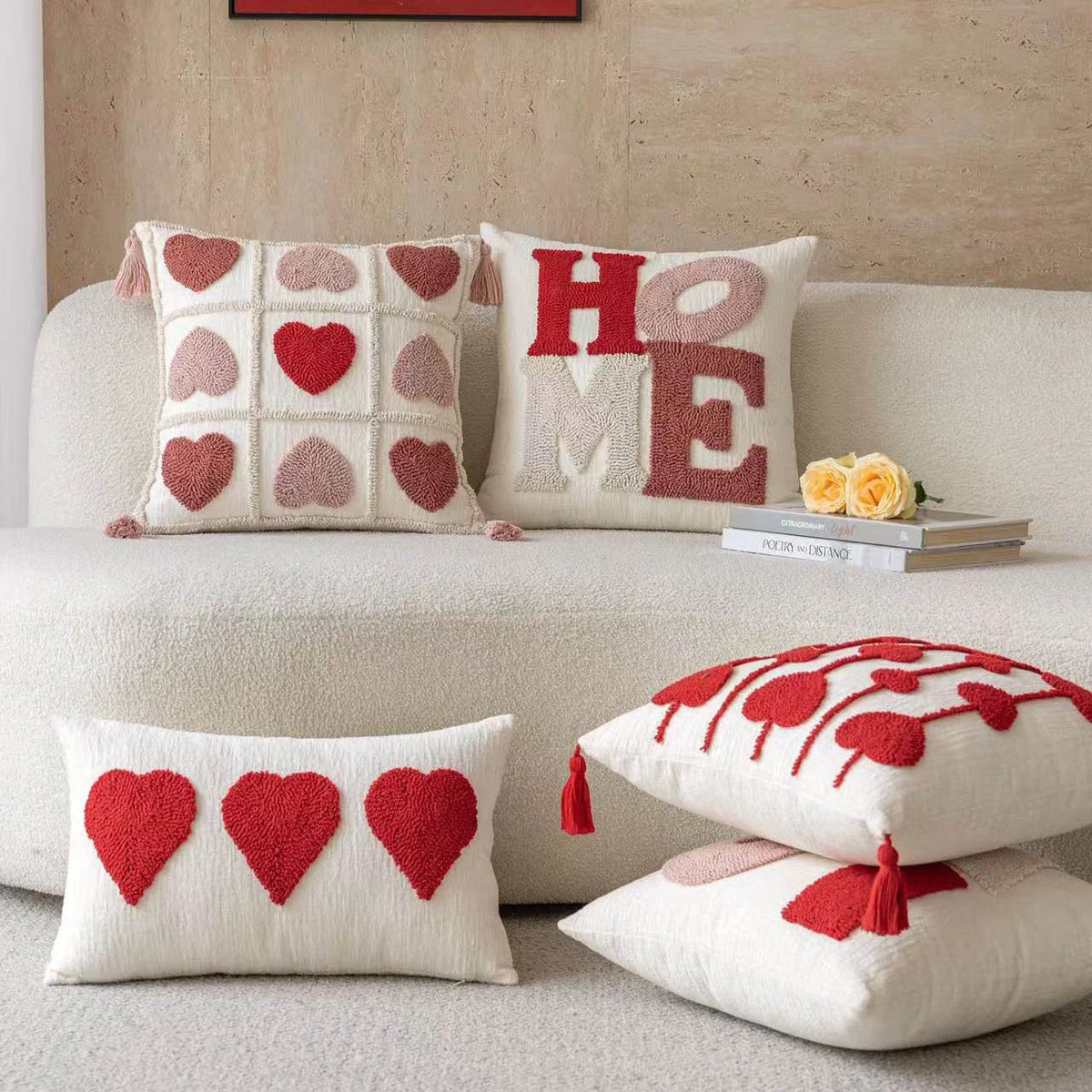 Lumbar Pillow Tufted Letter Loop-Pile Plush Fill Removable Cover
