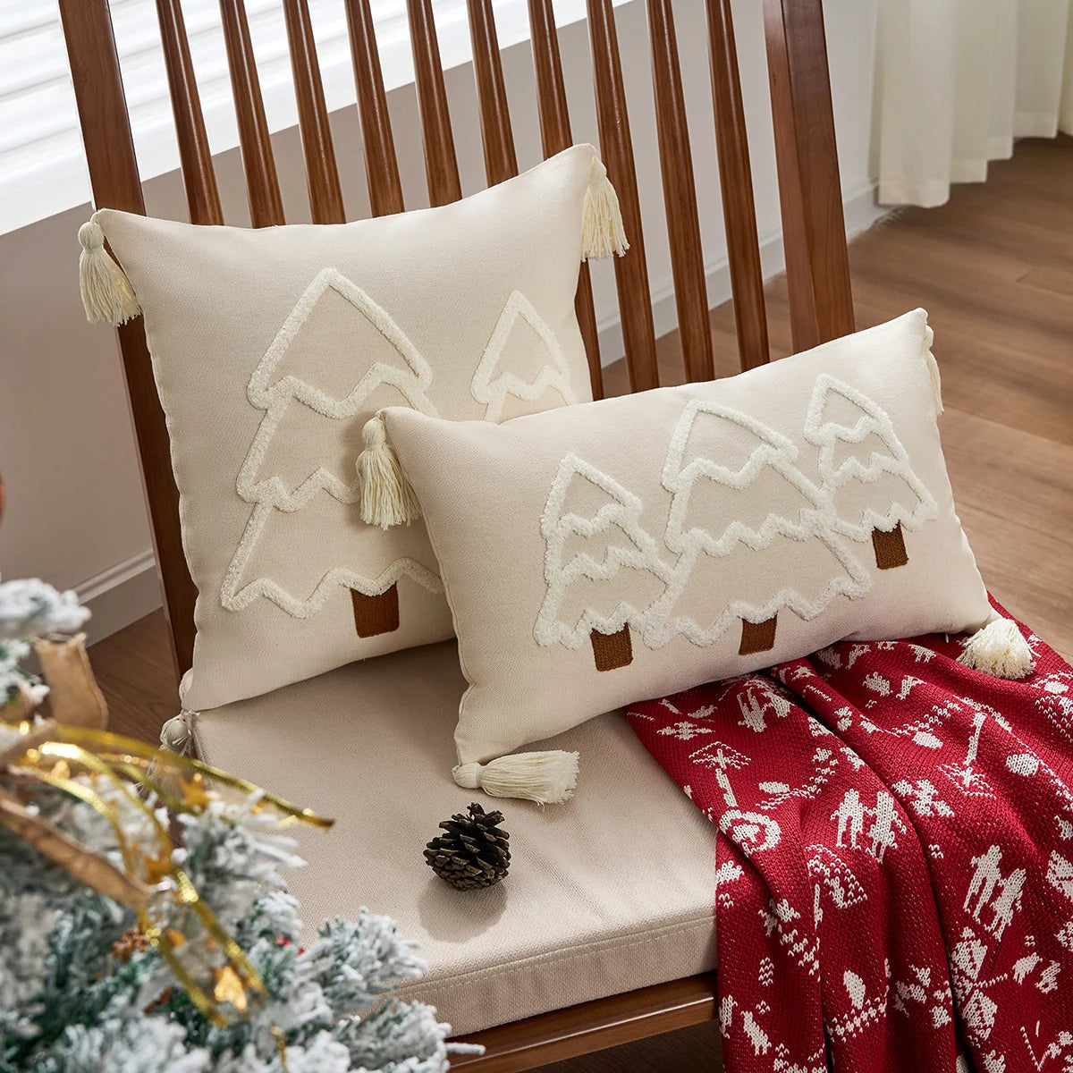 Lumbar Throw Pillow Chenille Embroidered Tassels Removable Cover
