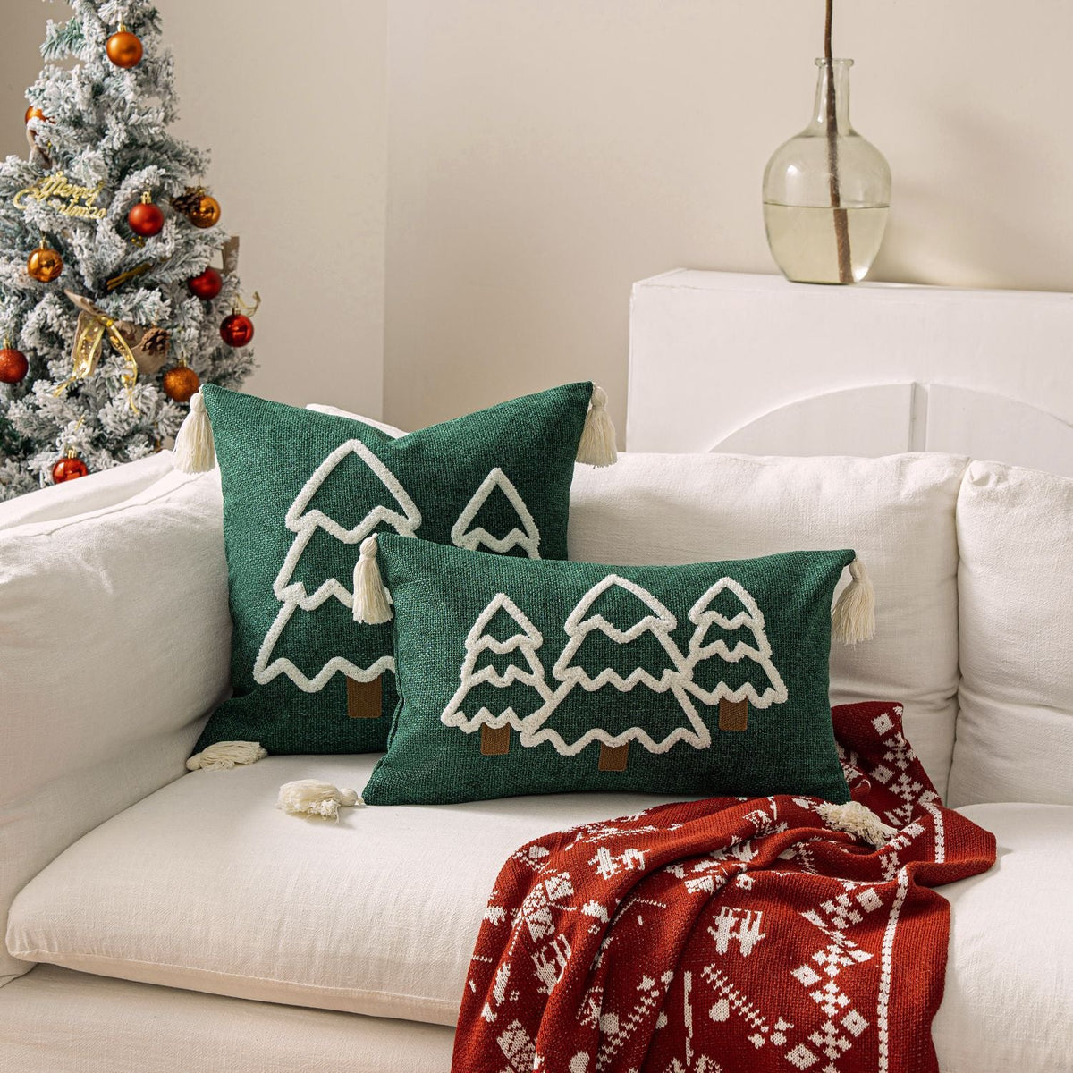 Lumbar Throw Pillow Chenille Embroidered Tassels Removable Cover