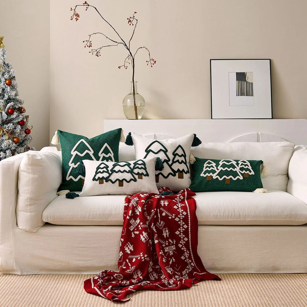 Lumbar Throw Pillow Chenille Embroidered Tassels Removable Cover