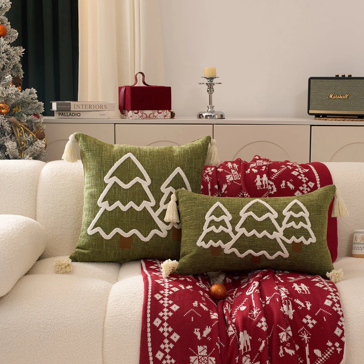 Lumbar Throw Pillow Chenille Embroidered Tassels Removable Cover