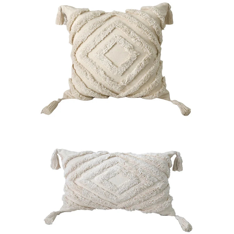 Lumbar Throw Pillow Woven Cotton Tufted Diamond Tassels