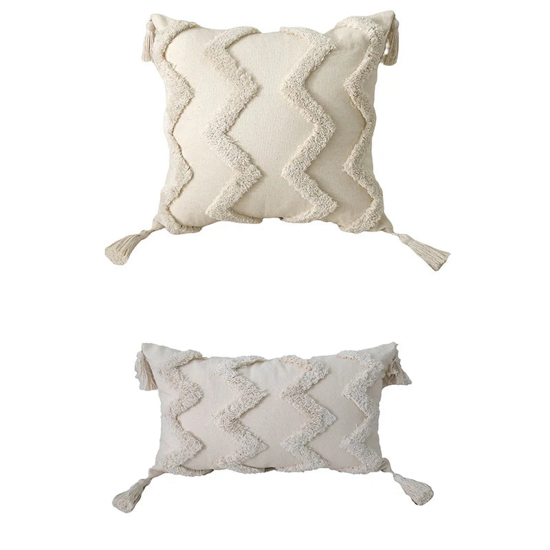 Lumbar Throw Pillow Woven Cotton Tufted Diamond Tassels