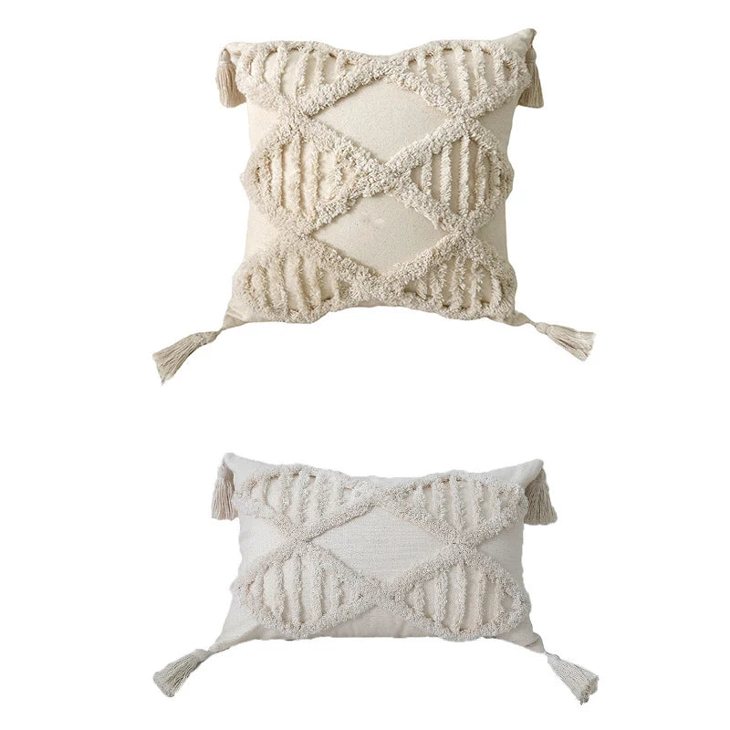Lumbar Throw Pillow Woven Cotton Tufted Diamond Tassels