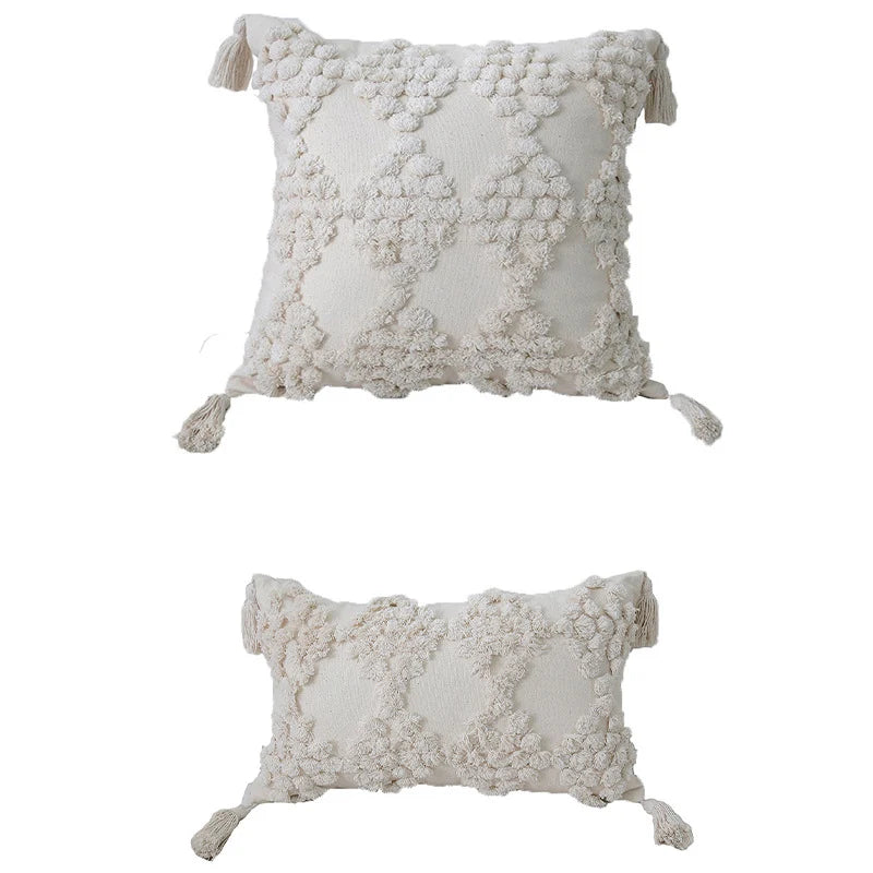Lumbar Throw Pillow Woven Cotton Tufted Diamond Tassels