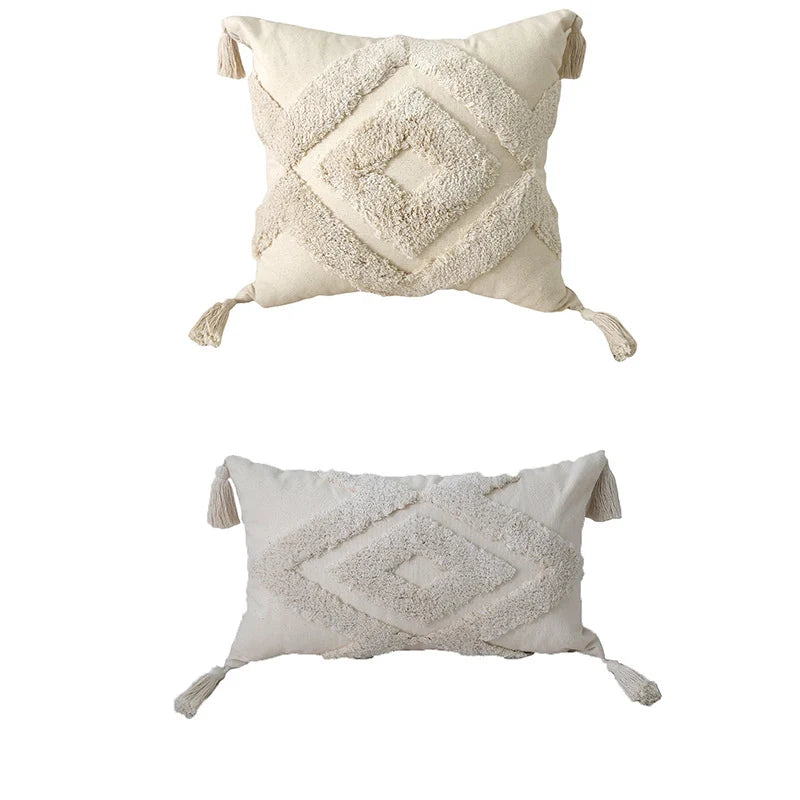 Lumbar Throw Pillow Woven Cotton Tufted Diamond Tassels