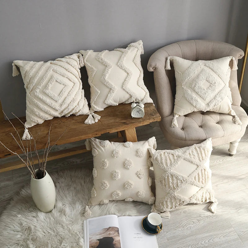 Lumbar Throw Pillow Woven Cotton Tufted Diamond Tassels