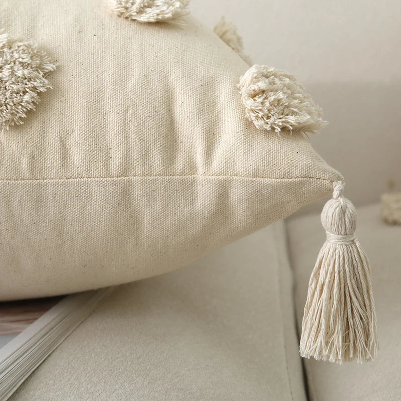 Lumbar Throw Pillow Woven Cotton Tufted Diamond Tassels