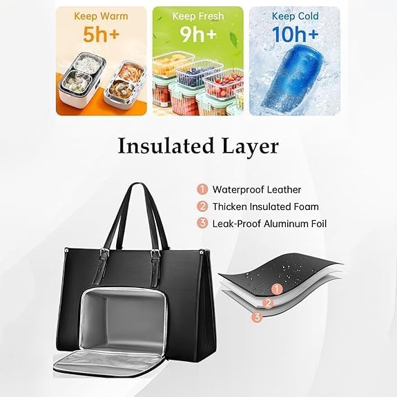 Lunch Tote Insulated Padded Laptop Sleeve Waterproof PU Leather