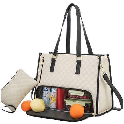 Lunch Tote Insulated Quilted Faux Leather Detachable Strap