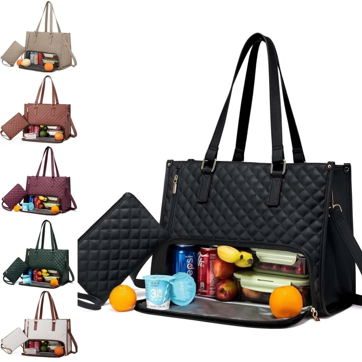 Lunch Tote Insulated Quilted Faux Leather Detachable Strap