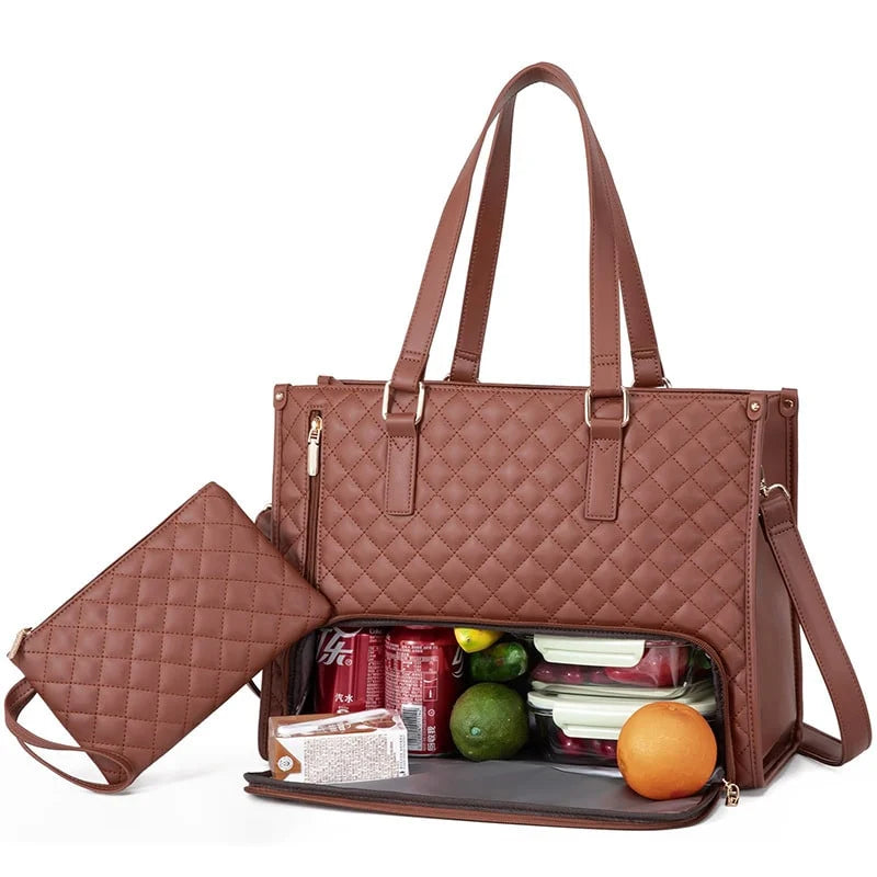 Lunch Tote Insulated Quilted Faux Leather Detachable Strap