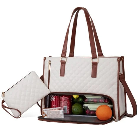 Lunch Tote Insulated Quilted Faux Leather Detachable Strap