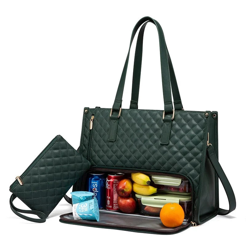 Lunch Tote Insulated Quilted Faux Leather Detachable Strap