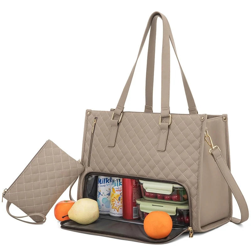 Lunch Tote Insulated Quilted Faux Leather Detachable Strap