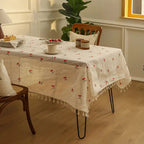 Machine-Washable Microfiber Cherry-Embroidered Tassel-Trim Tablecloth