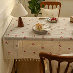 Machine-Washable Microfiber Cherry-Embroidered Tassel-Trim Tablecloth