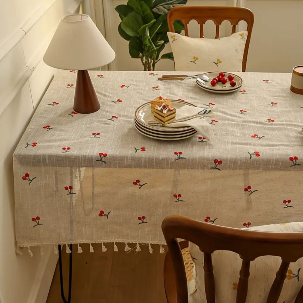 Machine-Washable Microfiber Cherry-Embroidered Tassel-Trim Tablecloth
