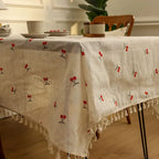 Machine-Washable Microfiber Cherry-Embroidered Tassel-Trim Tablecloth