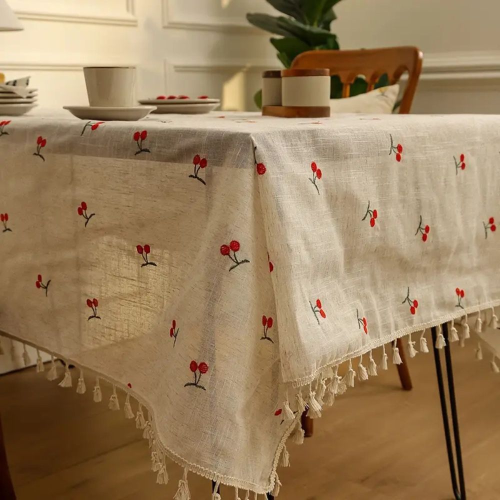 Machine-Washable Microfiber Cherry-Embroidered Tassel-Trim Tablecloth