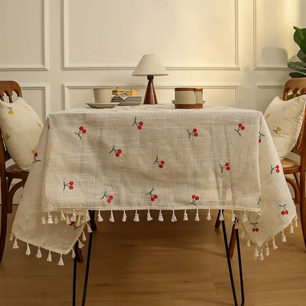 Machine-Washable Microfiber Cherry-Embroidered Tassel-Trim Tablecloth