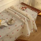 Machine-Washable Microfiber Cherry-Embroidered Tassel-Trim Tablecloth