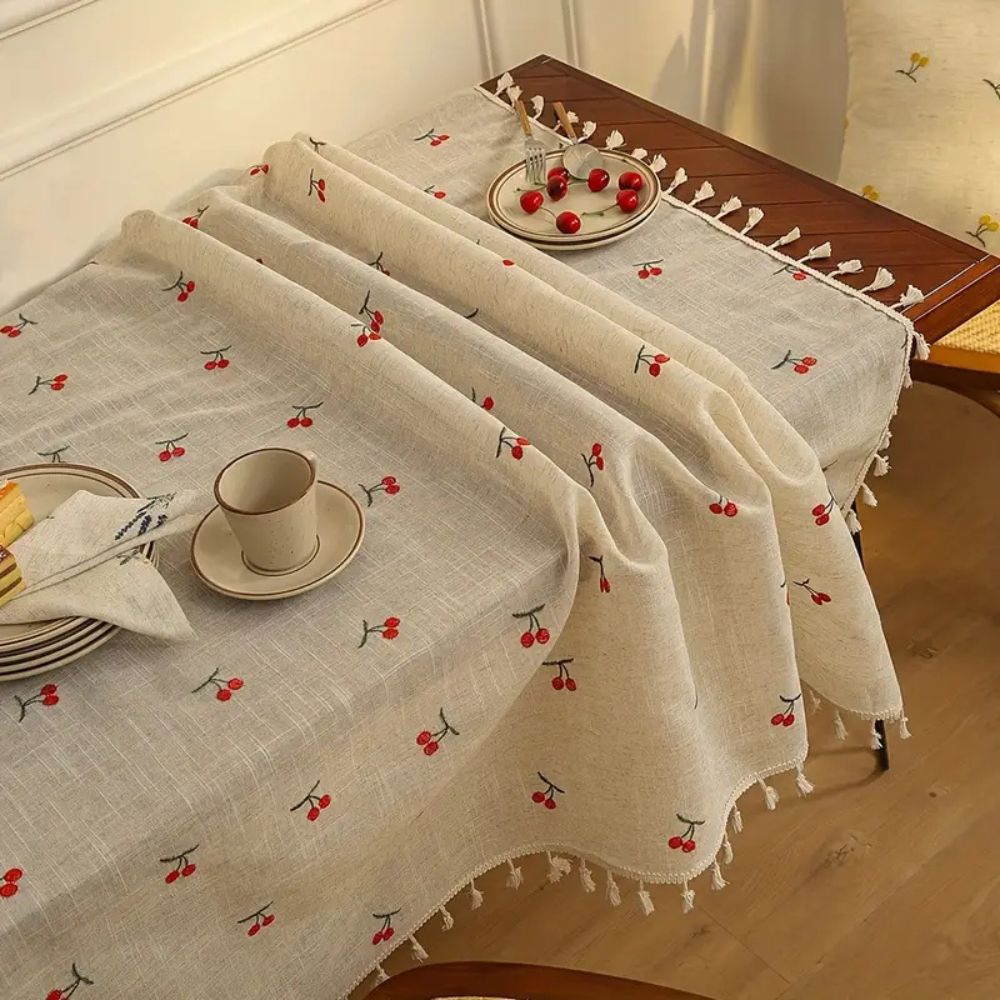 Machine-Washable Microfiber Cherry-Embroidered Tassel-Trim Tablecloth