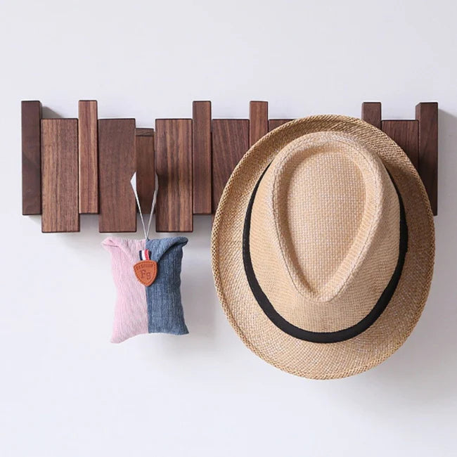 Magnetic Fold-Down Beech & Walnut Wall-Mounted Coat Rack