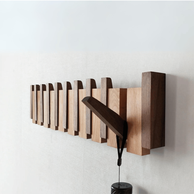 Magnetic Fold-Down Beech & Walnut Wall-Mounted Coat Rack