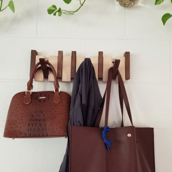 Magnetic Fold-Down Beech & Walnut Wall-Mounted Coat Rack