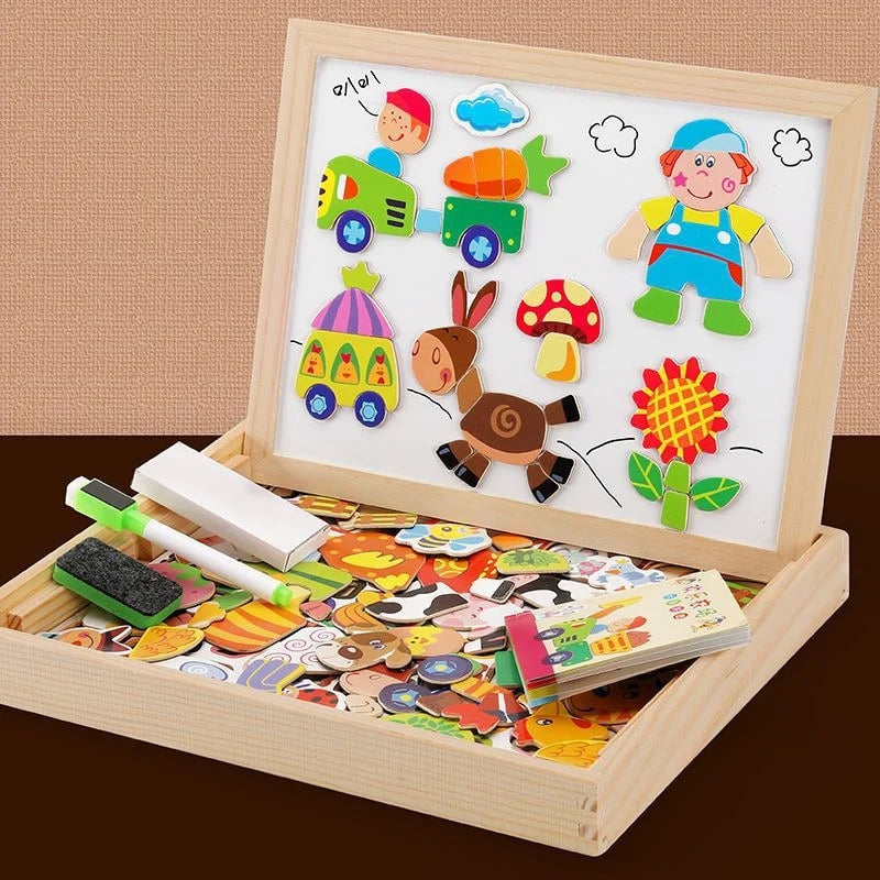 Magnetic Puzzle Board Double-Sided Whiteboard & Chalkboard Built-In Storage