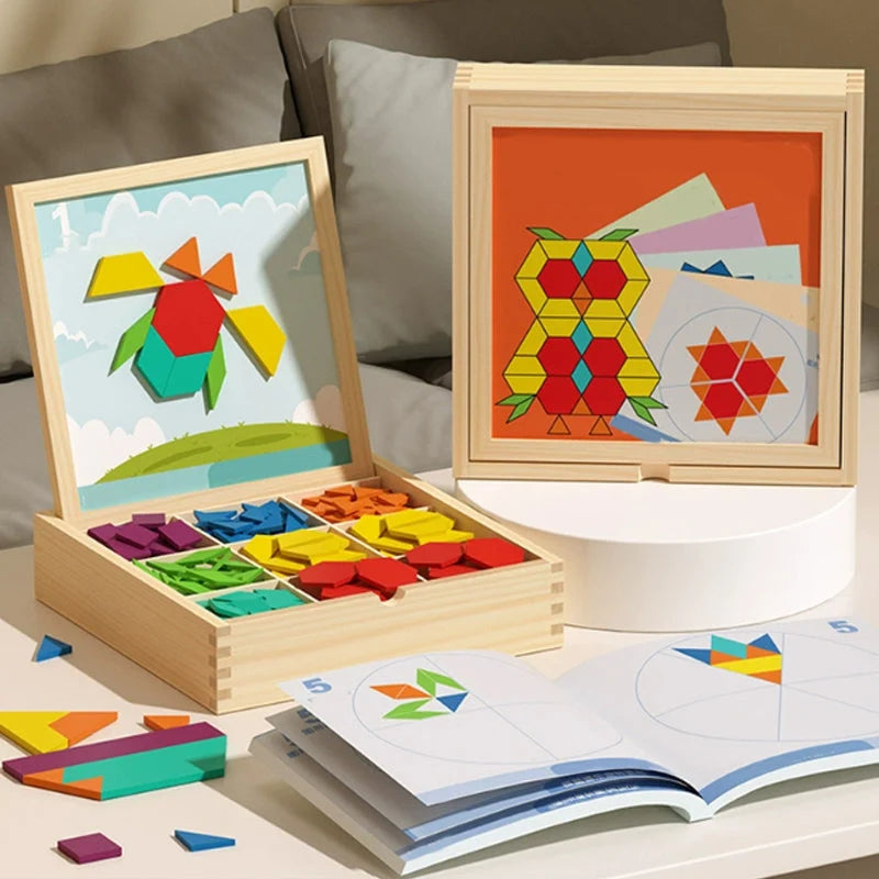 Magnetic Puzzle Set Wooden Colorful Shapes & Storage Box