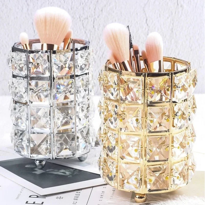 Makeup Brush Holder Crystal Bead Stainless Steel Frame