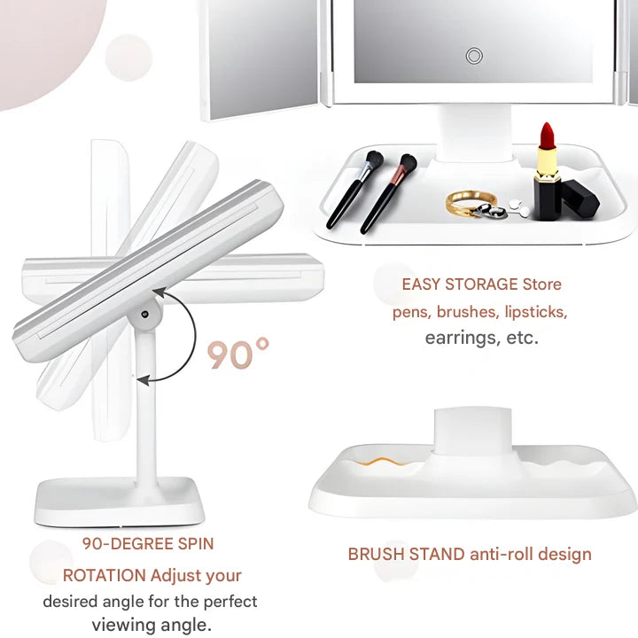 Makeup Mirror Triple-Panel 2x 3x Magnification LED Rechargeable