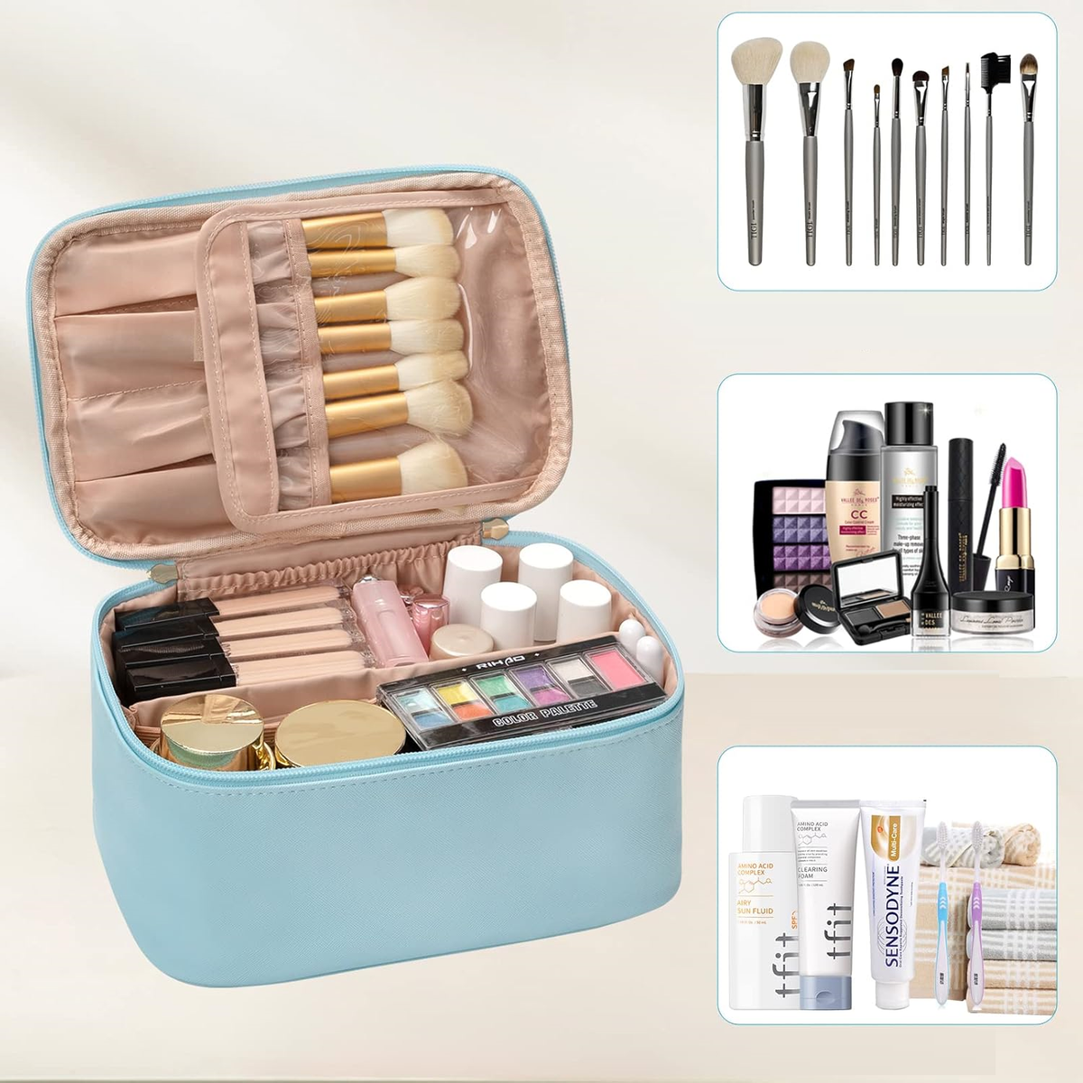 Makeup Organizer Bag Polyester Adjustable Dividers Sturdy Handle