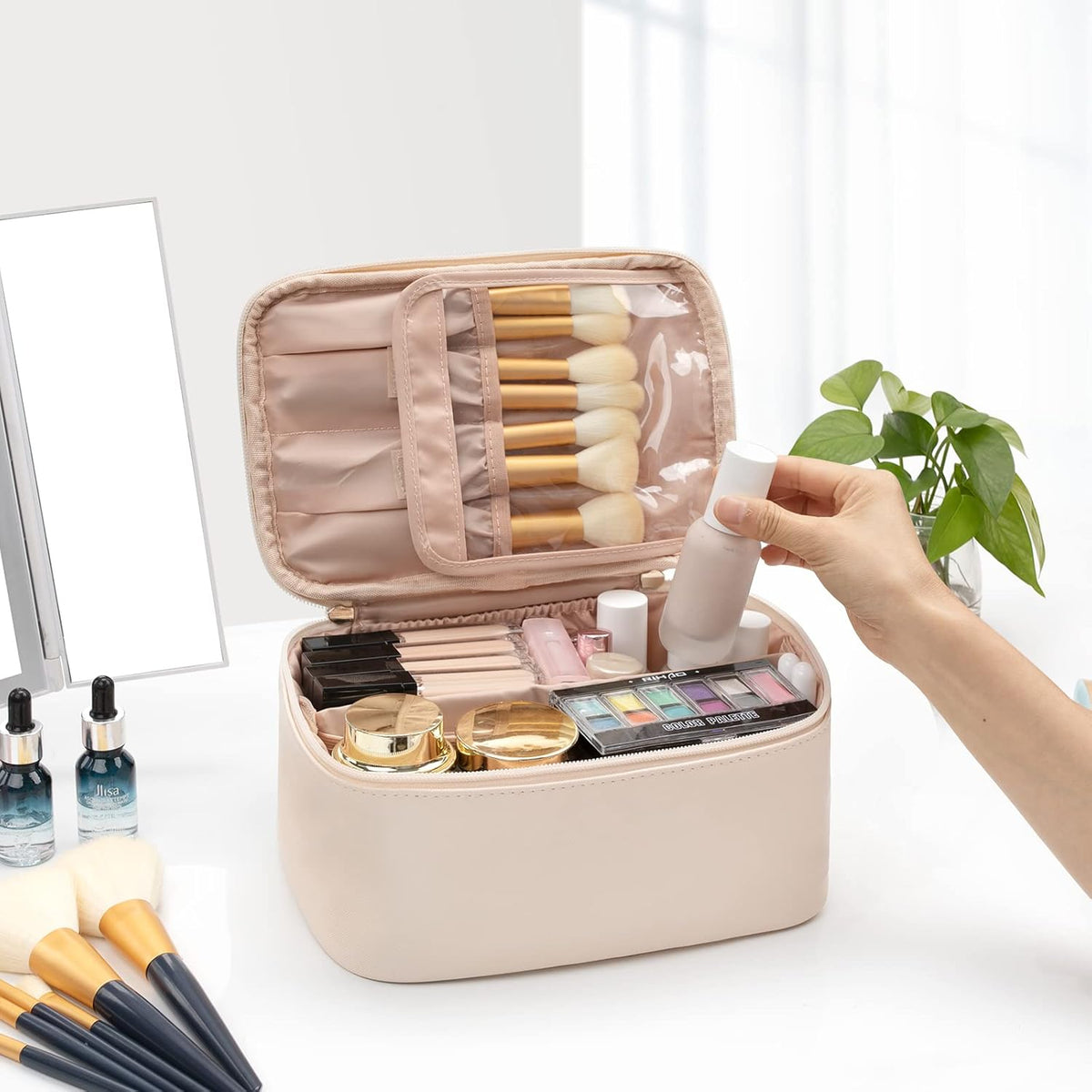 Makeup Organizer Bag Polyester Adjustable Dividers Sturdy Handle