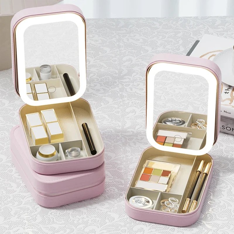 Makeup Organizer Box LED Mirror Three Light Modes Lockable