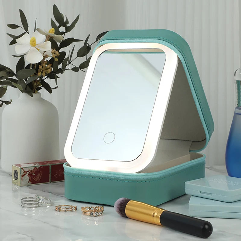 Makeup Organizer Box LED Mirror Three Light Modes Lockable