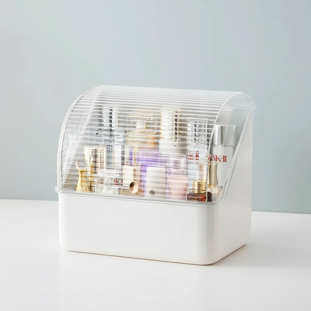 Makeup Organizer Box Transparent Dustproof Lid Removable Drawers & Compartments