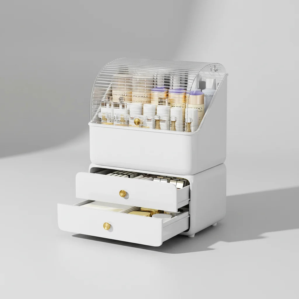 Makeup Organizer Box Transparent Dustproof Lid Removable Drawers & Compartments