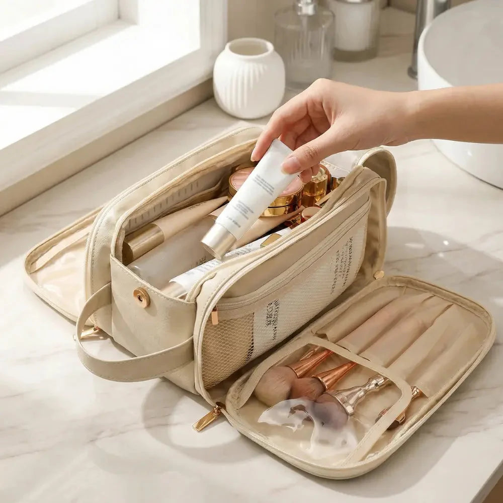 Makeup Organizer Full-View Double Zipper & Brush Slots