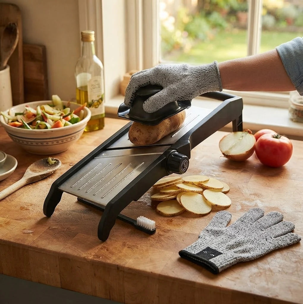 Mandoline Slicer Adjustable Dial Stainless Steel Blade & Gloves
