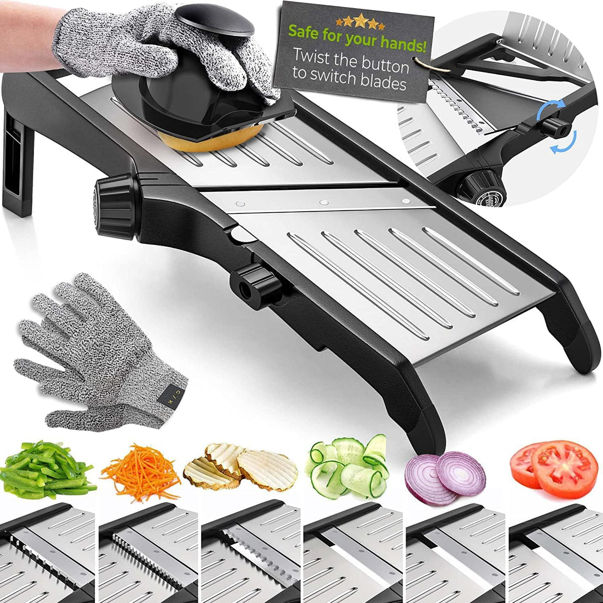 Mandoline Slicer Adjustable Dial Stainless Steel Blade & Gloves