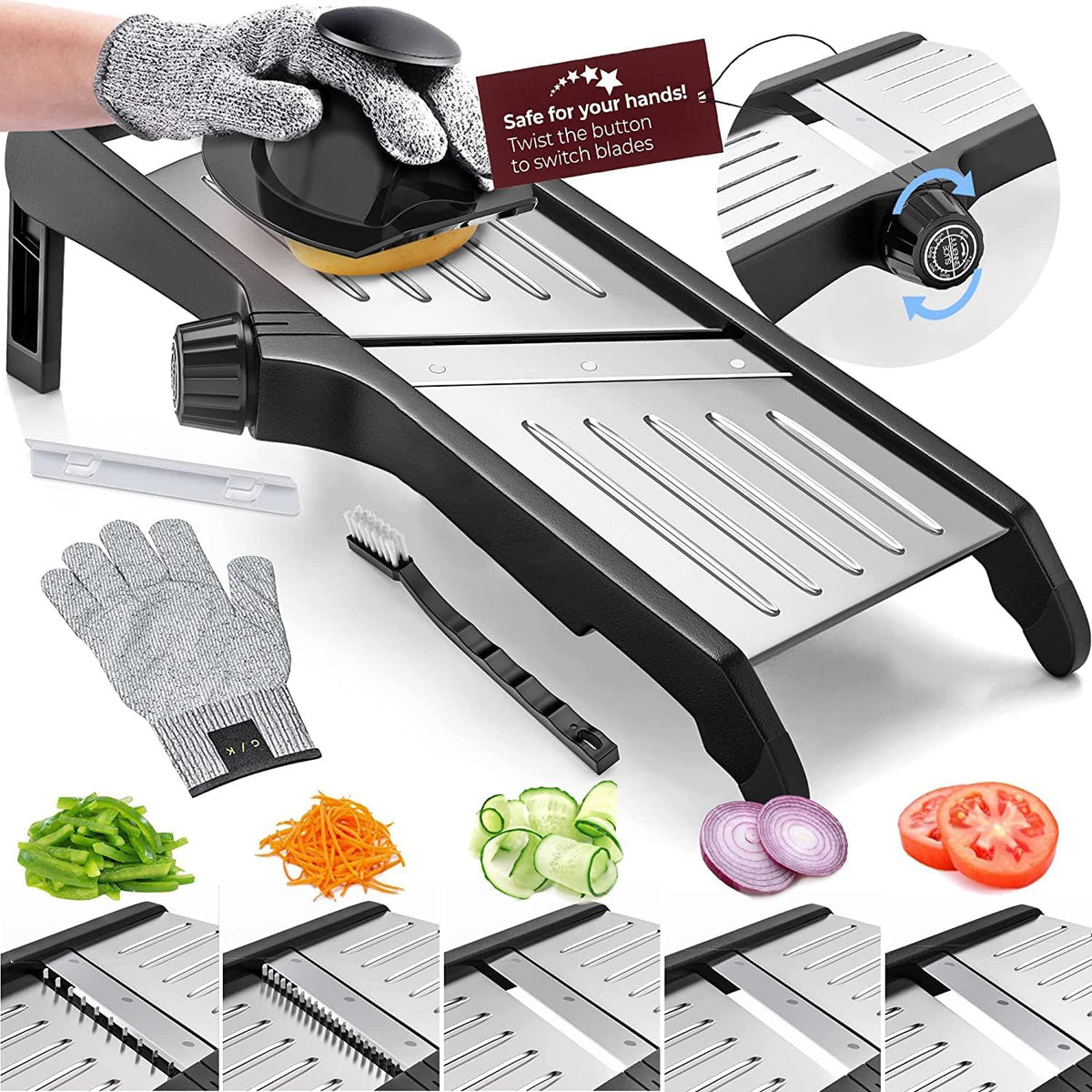 Mandoline Slicer Adjustable Dial Stainless Steel Blade & Gloves