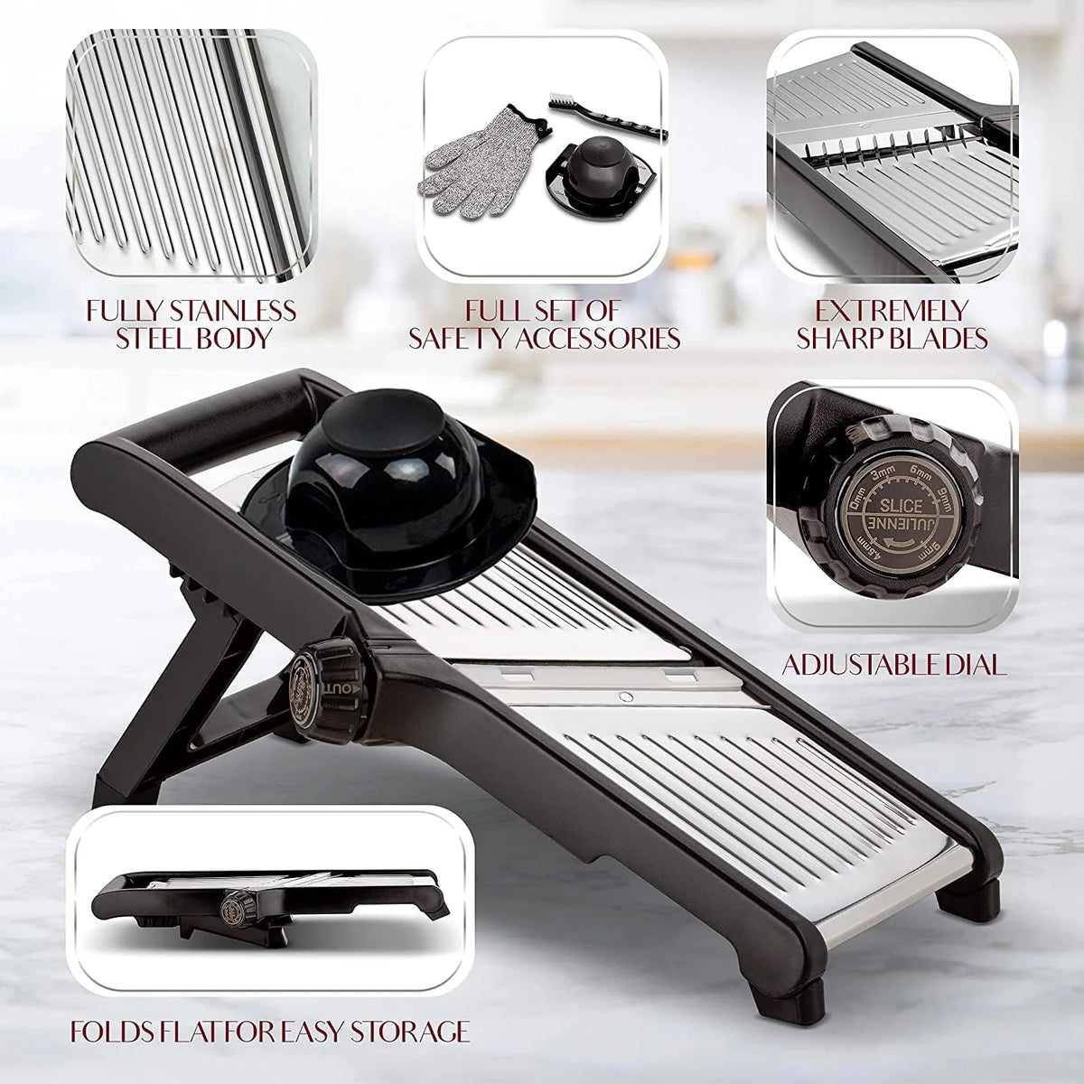 Mandoline Slicer Adjustable Dial Stainless Steel Blade & Gloves