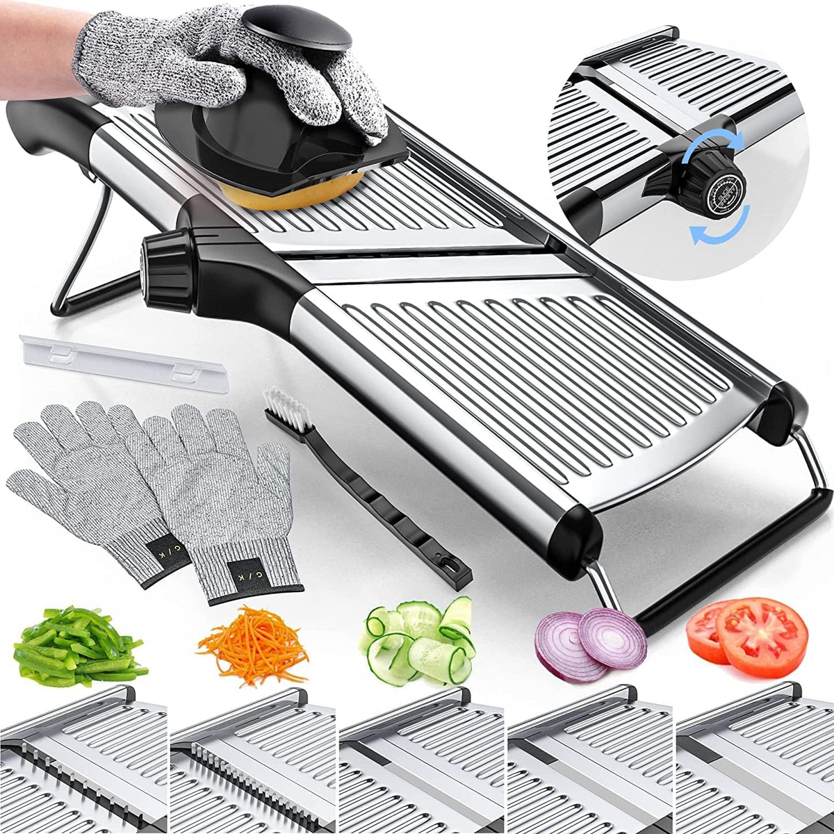 Mandoline Slicer Adjustable Dial Stainless Steel Blade & Gloves